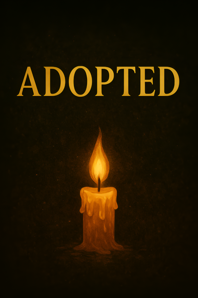 Golden title “Adopted” above a glowing candle on a dark background for Ravyn Vale’s poem.