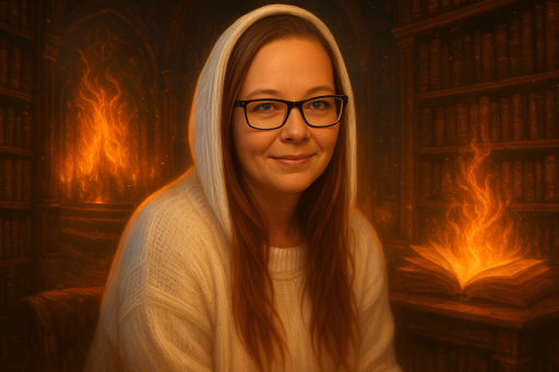 Ravyn Vale seated in a fiery magical library with burning bookshelves, representing The Fire Court Saga.