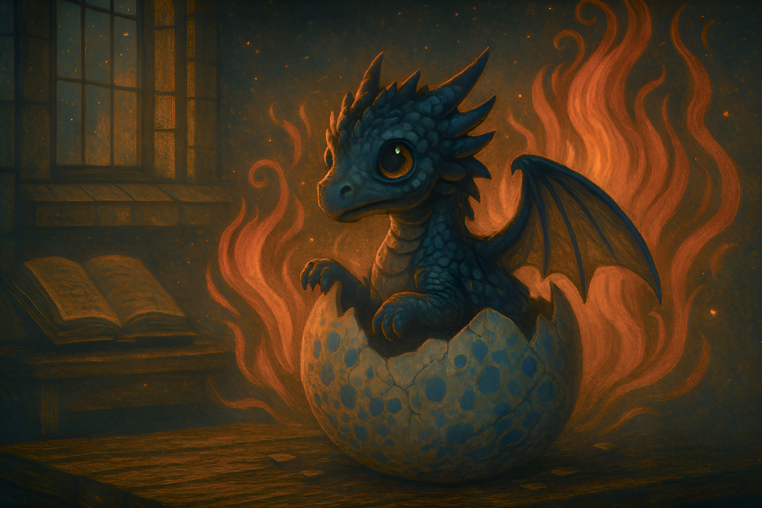 Baby dragon hatching from a glowing egg in a magical study for the Dusty Dreaming Dragons fan-fic banner.