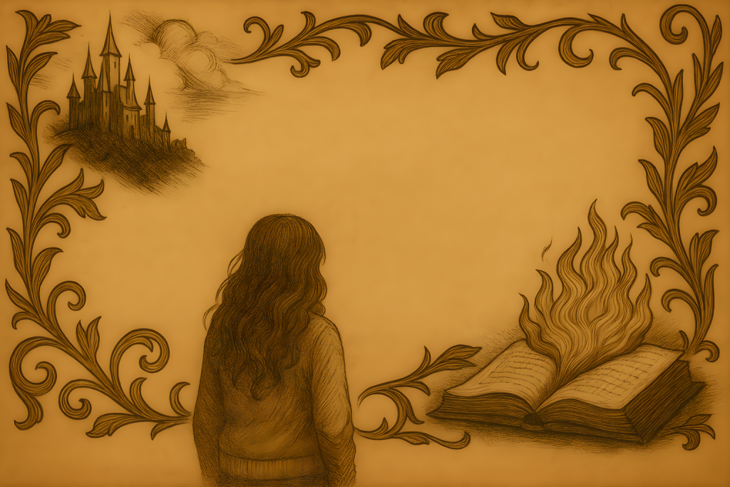 Sepia fantasy illustration with a castle on a hill, ornate vine borders, a woman facing an open book on fire, and a mystical parchment-style background.