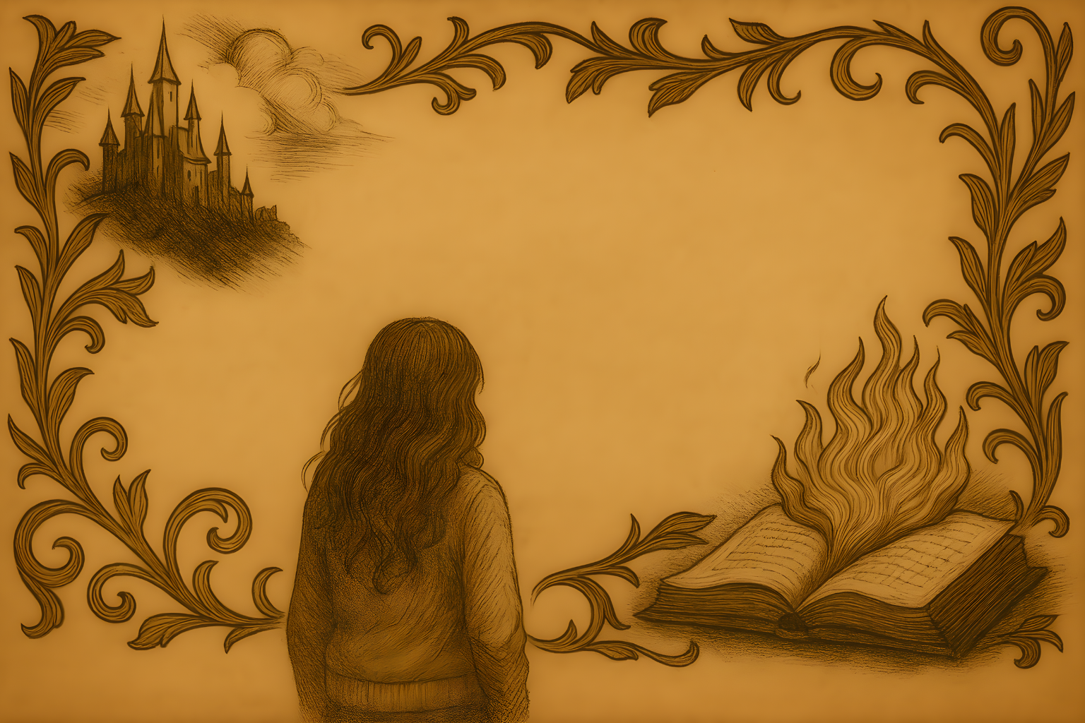 Sepia fantasy illustration with a castle on a hill, ornate vine borders, a woman facing an open book on fire, and a mystical parchment-style background.