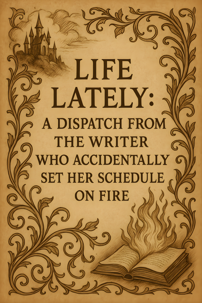 Illustrated parchment-style title card featuring ornate swirling borders, a hand-drawn castle in the top left, and an open book on fire at the bottom right. The text reads: “Life Lately: A Dispatch from the Writer Who Accidentally Set Her Schedule on Fire.”