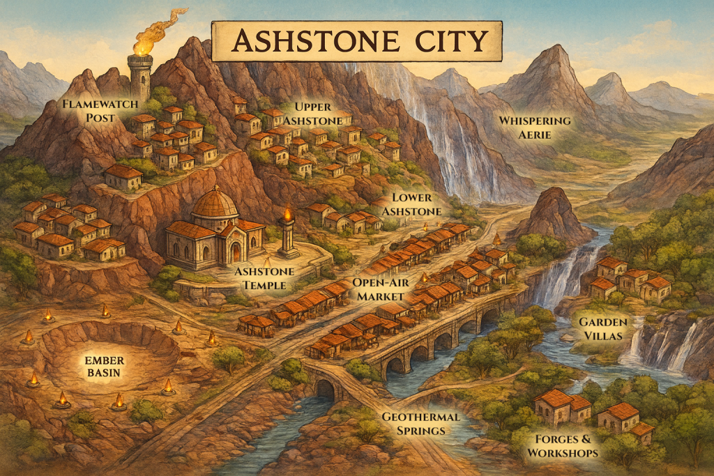 Fantasy map of Ashstone City, showing the Ashstone Temple, Ember Basin, Flamewatch Post, Upper and Lower Ashstone, an open-air market, geological cliffs, rivers, waterfalls, geothermal springs, and surrounding sandstone houses.