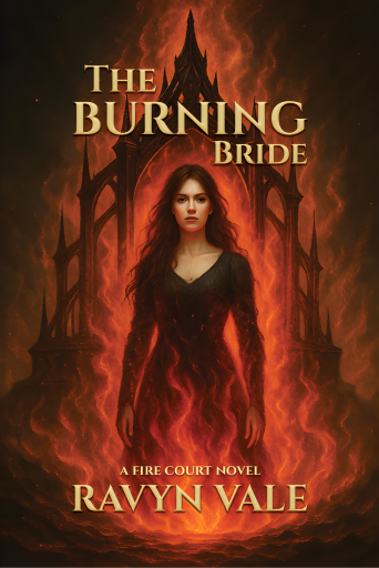 Fantasy book cover showing a fiery woman standing before a burning gothic arch, with the title “The Burning Bride” and author Ravyn Vale.