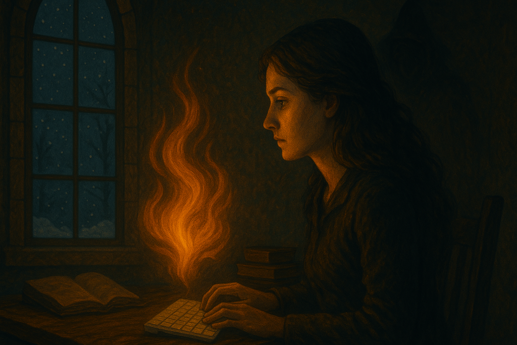 Dark fantasy scene of a woman seated at a wooden desk typing as an orange magical flame rises from her keyboard, with an open book nearby, a snowy night visible through a gothic window, and a faint shadowy figure in the background.