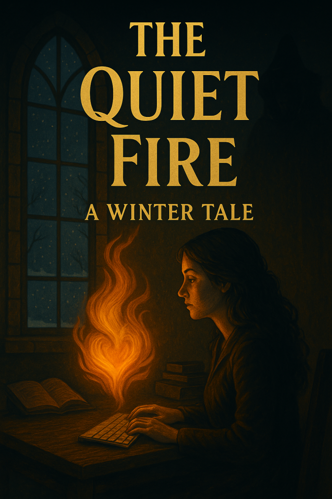 Dark fantasy illustration of a woman sitting at a wooden desk in a dim room, lit by a glowing orange flame above her keyboard, with a snowy night visible through a gothic window and a shadowy figure in the background.