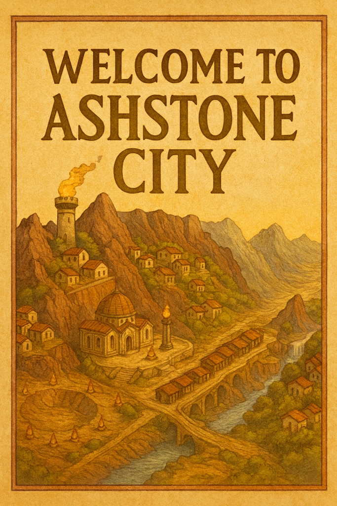 Fantasy title card showing Ashstone City with mountains, volcanic stone architecture, and warm glowing light, created for a worldbuilding blog post.