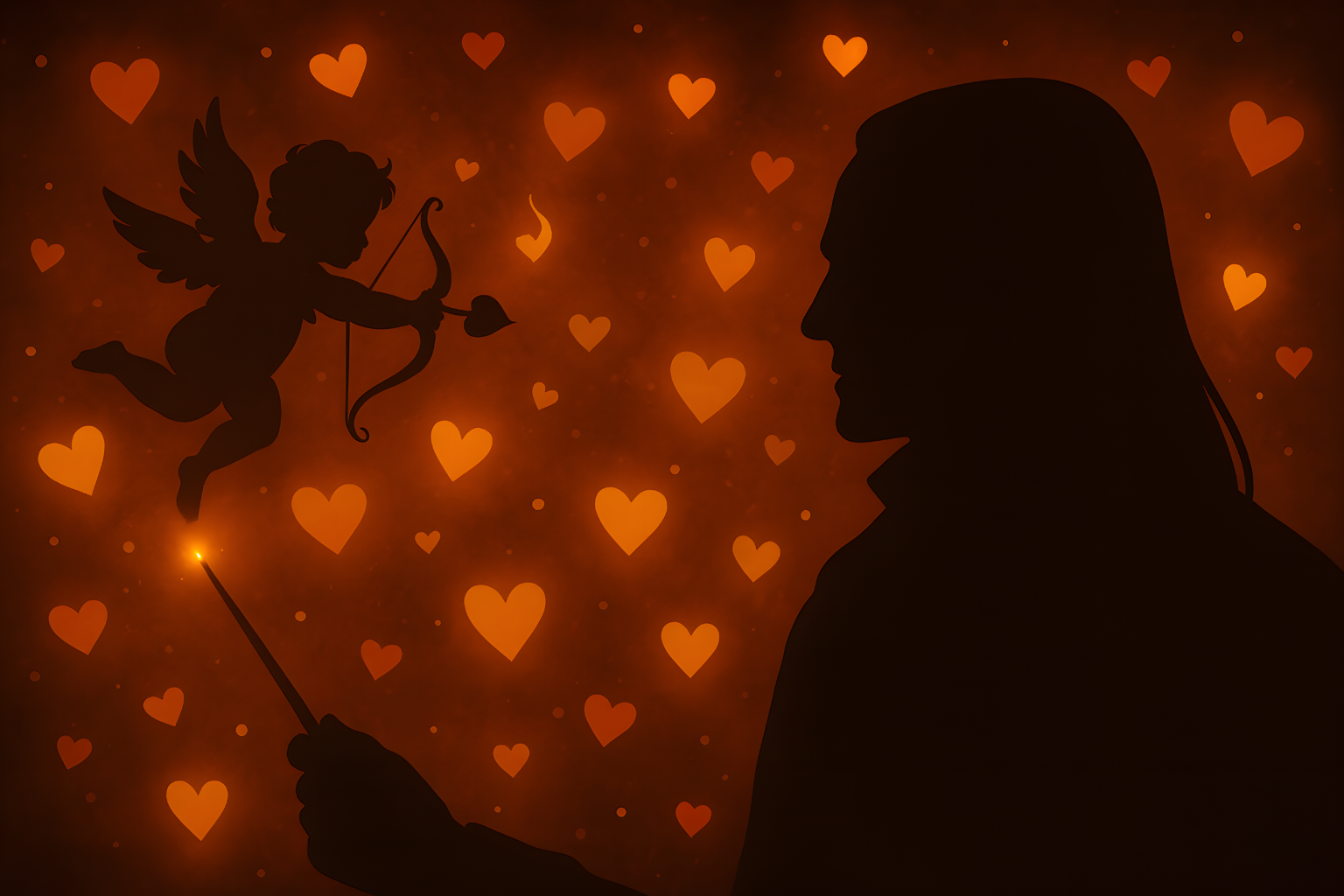 Silhouette of a wizard with glowing heart lights and cupid in an orange magical background for the Valentine’s With a Malfoy Harry Potter fan-fiction banner.