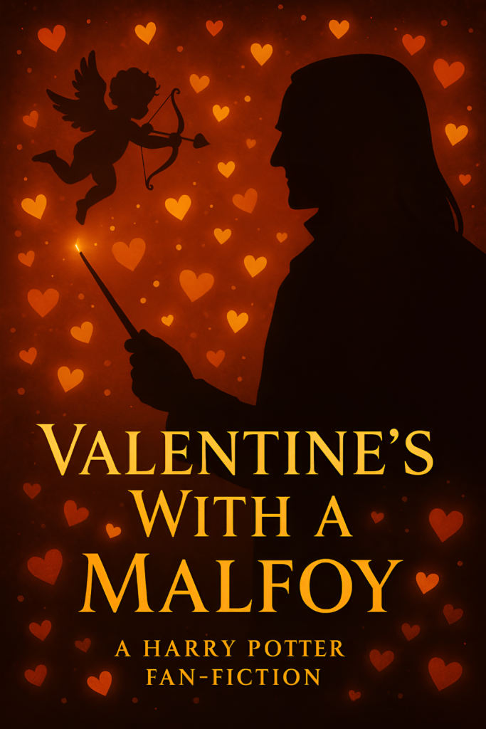 Wizard silhouette facing a cupid with glowing hearts behind the title Valentine’s With a Malfoy, a Harry Potter fan-fic story.